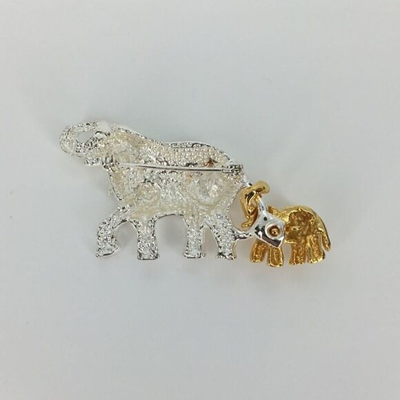 Vintage 1980s Elephant Brooch Mother Baby Calf Trunk Up Figural Pin Adoptive Mom - Picture 7 of 10